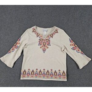 Alfred Dunner Petite PM Embroidered Rhinestone Bell Sleeve Top Oatmeal Heather
